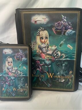 Bundled- Teary Alice in Wonderland Black Illustrated Backpack and Wristlet